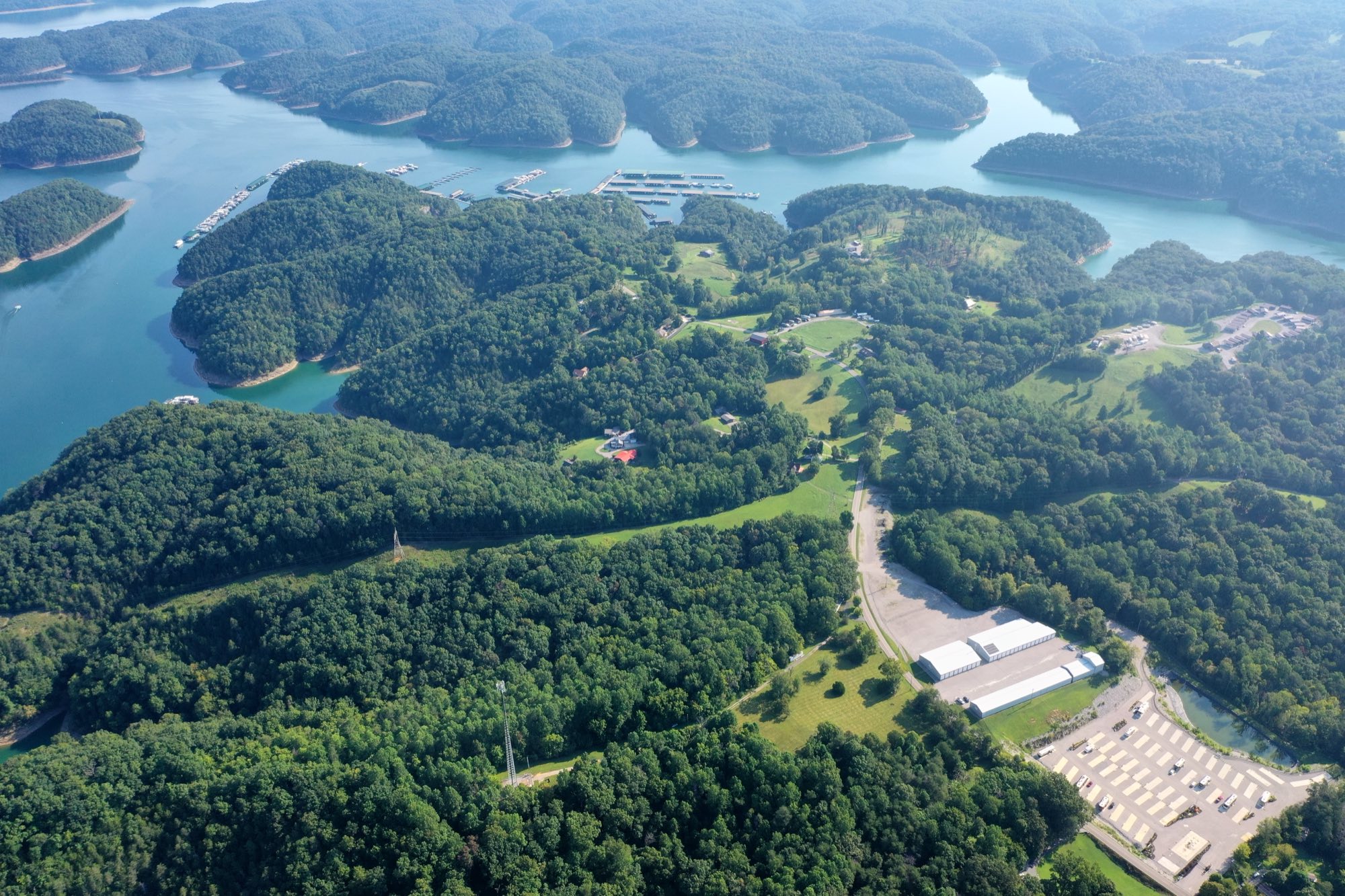 Aerial view of Lake Cumberland coves and the Safe Harbor Grider Hill Marina docks above Lakeside Boat Storage in Albany, Kentucky