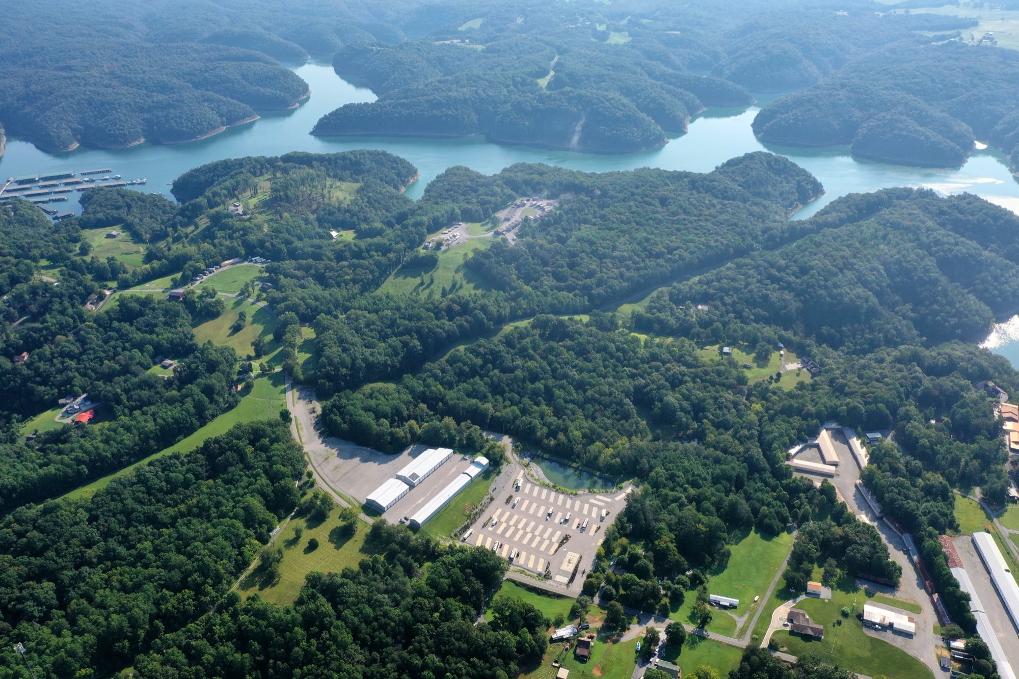 Aerial view of Lake Cumberland with the marina and the Lakeside Boat Storage facility in Albany, Kentucky