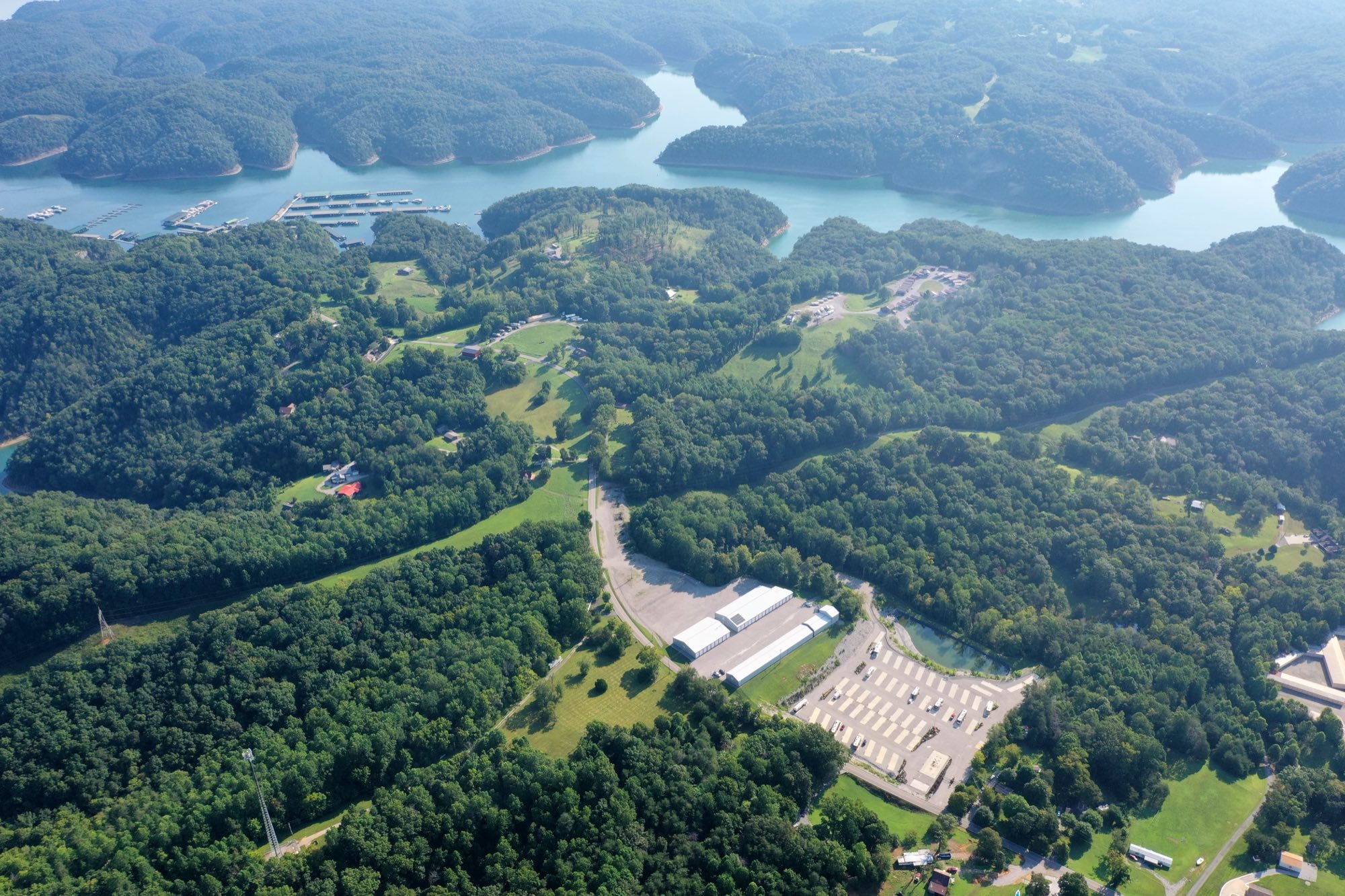 Aerial overview of Lakeside Boat Storage and the Lake Cumberland shoreline near Grider Hill