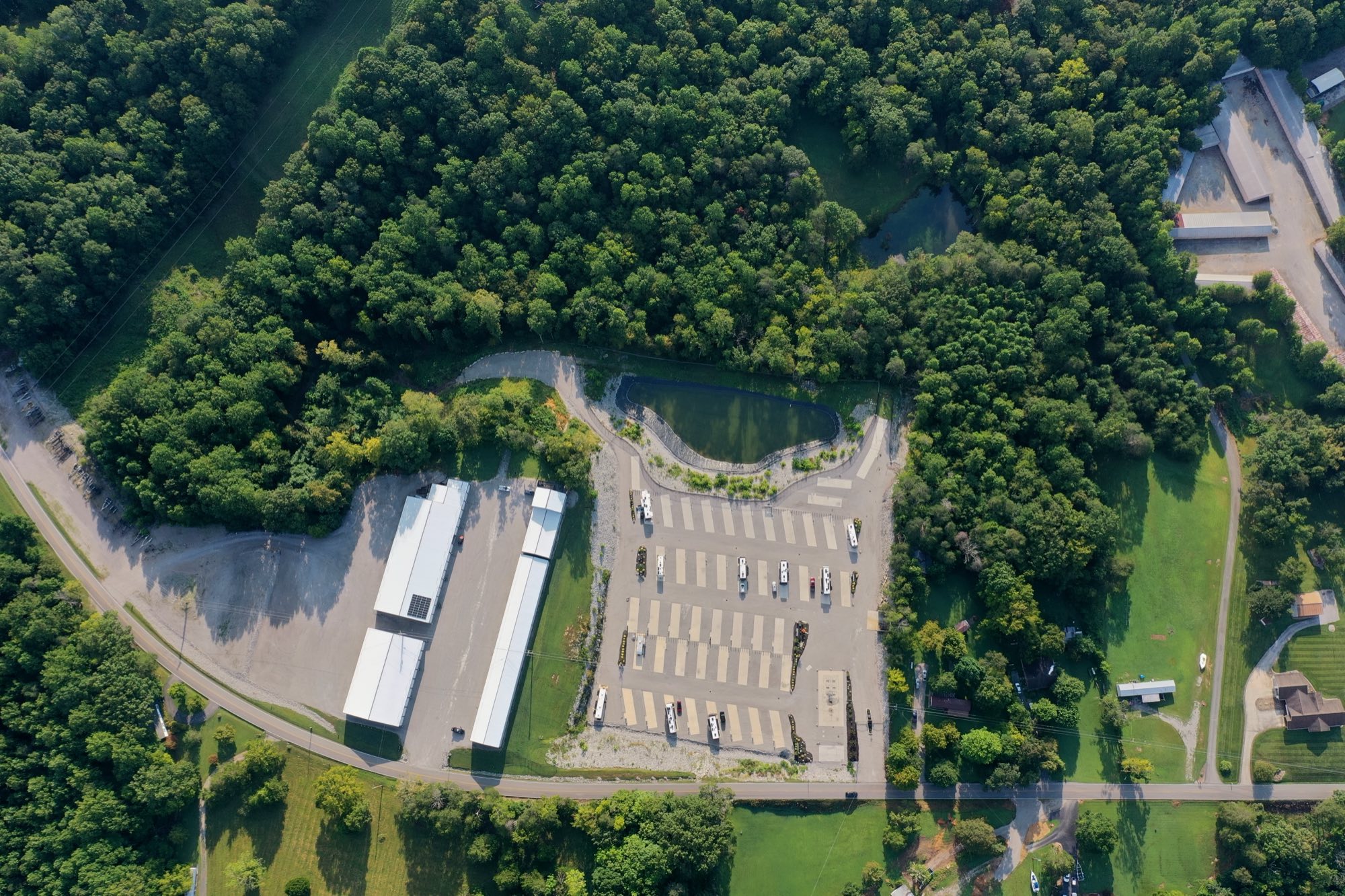 Aerial view looking down on the Lakeside Boat Storage buildings and grounds near Lake Cumberland in Albany, Kentucky